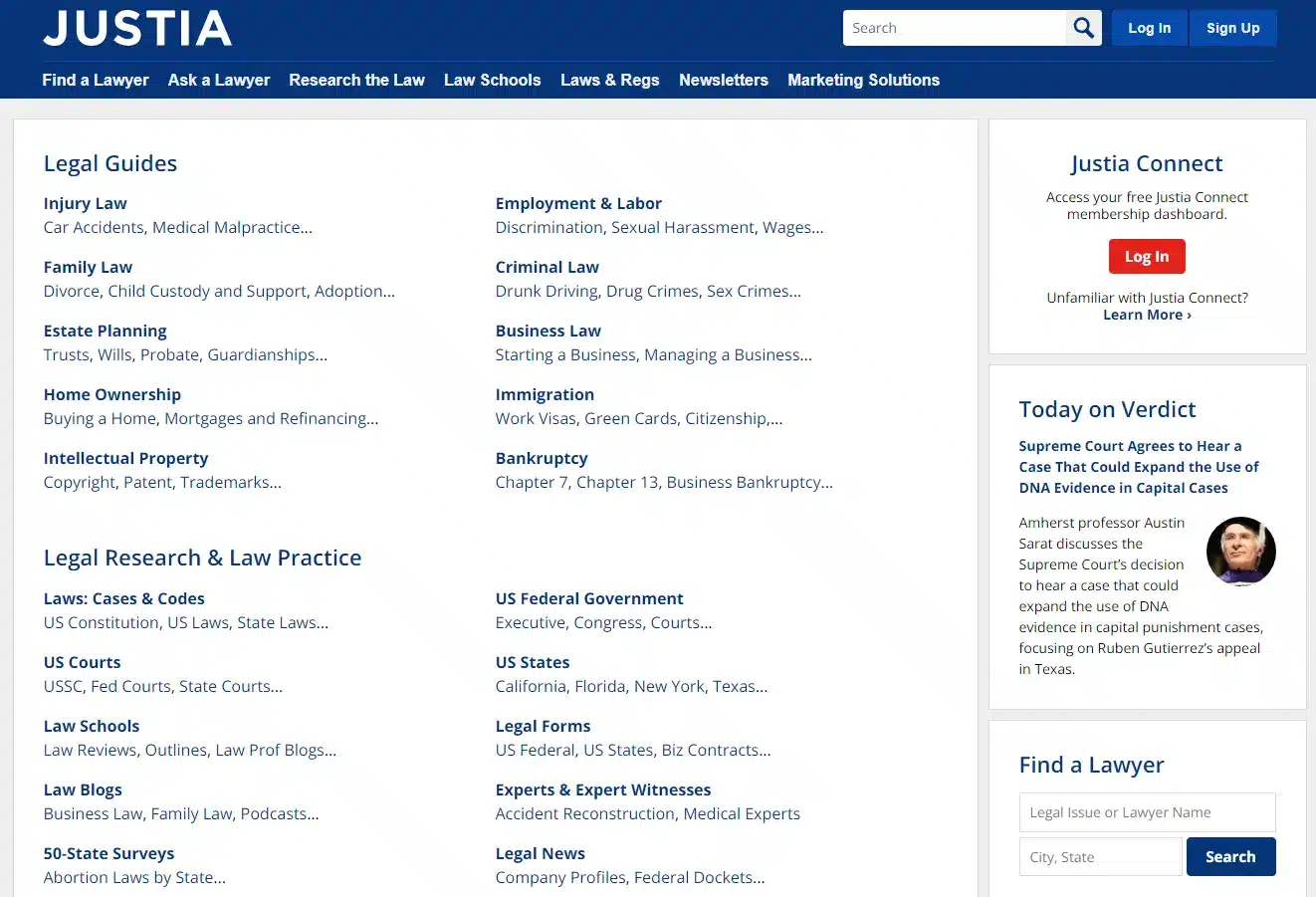 Screenshot of Justia website