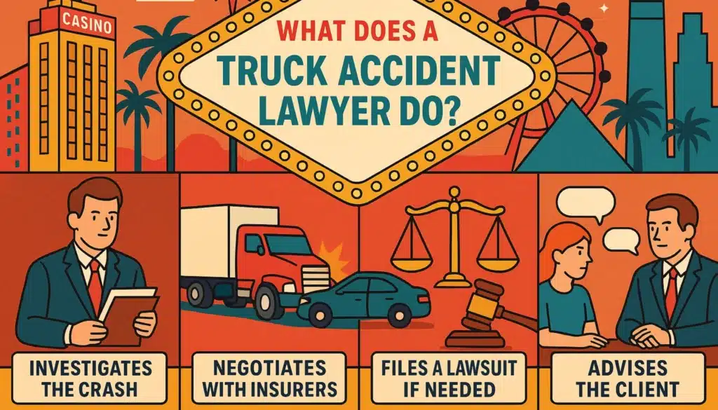 Infographic: What does a truck accident lawyer do? Shows 4 services - investigates crashes, negotiates with insurers, files lawsuits, advises clients.