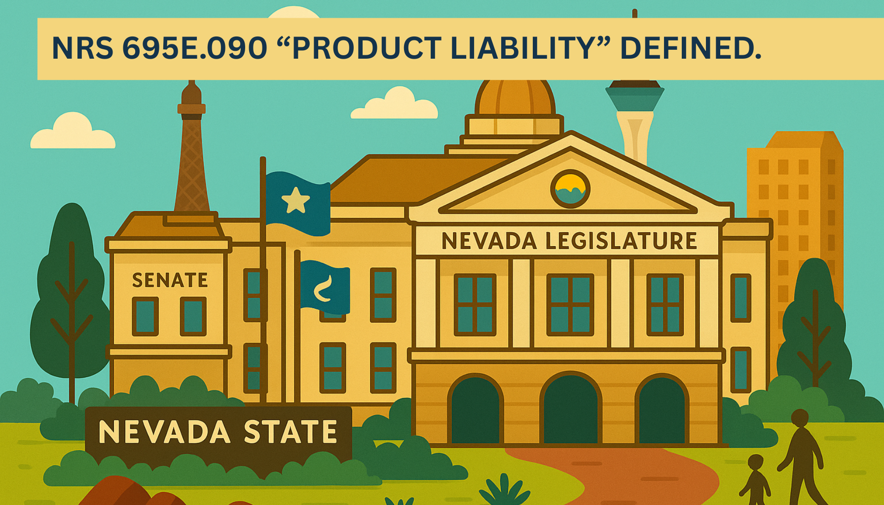 Illustrated graphic of the Nevada State Legislature building with the Senate wing and Nevada state flag, featuring a yellow banner headline that reads NRS 695E.090 “Product liability” defined.