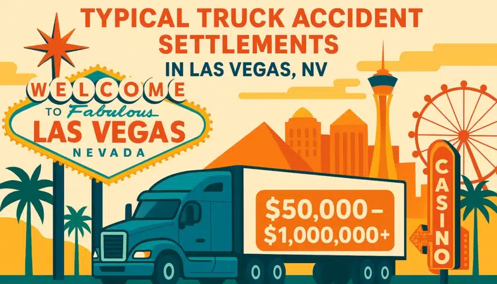 Illustration of truck accident settlements in Las Vegas showing semi-truck with settlement ranges
