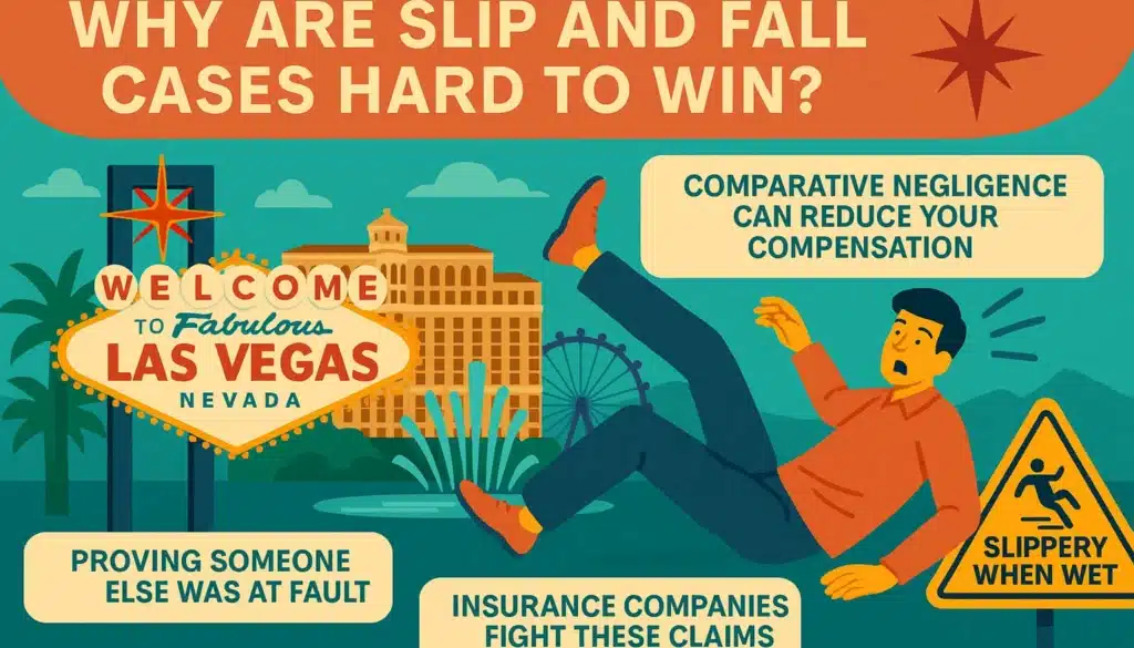 Illustration showing person slipping in Las Vegas with text highlighting why slip and fall cases are hard to win