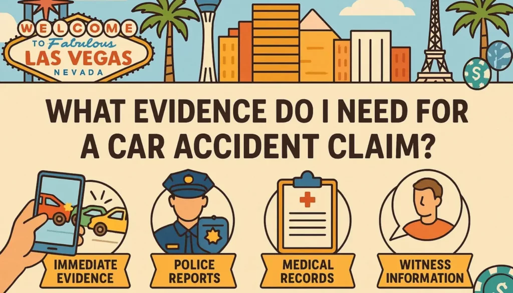 Las Vegas car accident claim evidence infographic showing immediate evidence, police reports, medical records, and witness information