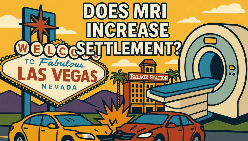 Car accident scene near Las Vegas Palace Station with MRI machine showing how medical imaging increases personal injury settlements