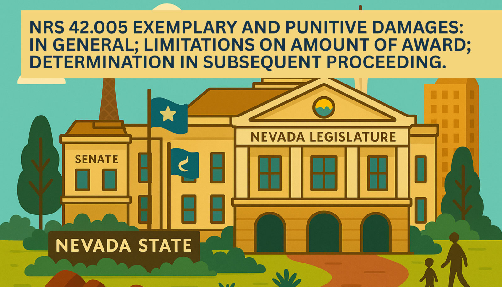 Illustrated graphic of the Nevada State Legislature building with the Senate wing and Nevada state flag, featuring a yellow banner headline that reads NRS 42.005 Exemplary and punitive damages: In general; limitations on amount of award; determination in subsequent proceeding.