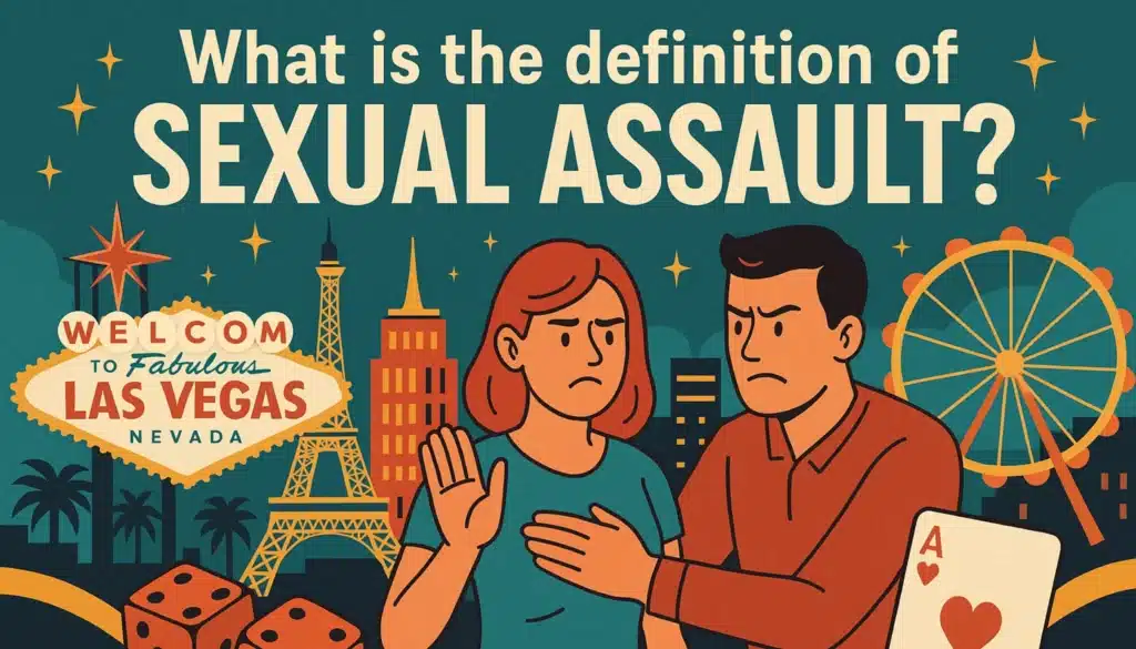 Illustration showing woman making stop gesture next to man with Las Vegas landmarks
