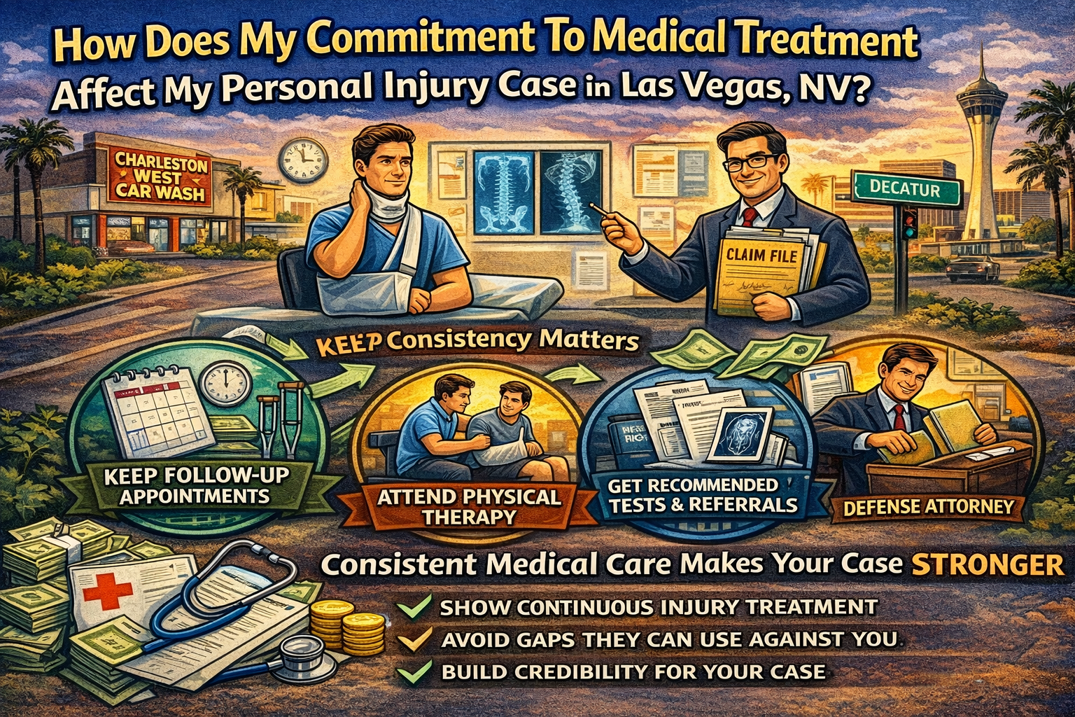 Injured person with neck brace and attorney holding claim file near Charleston West Car Wash in Las Vegas, showing importance of consistent medical treatment including follow-up appointments, physical therapy, and recommended tests for personal injury case strength