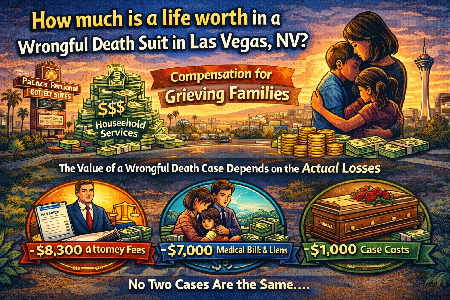 Illustration explaining how wrongful death compensation is calculated in Las Vegas, showing grieving family, financial losses, attorney fees, medical bills, and case costs.